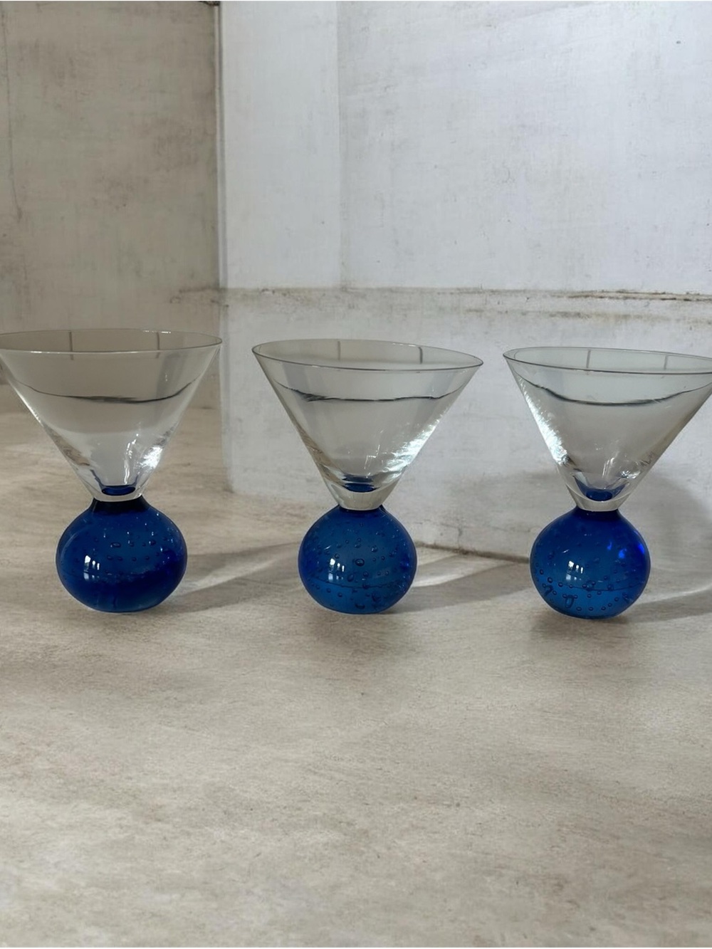 Set of Three Bubble-Base Martini Glasses in Cobalt Blue
